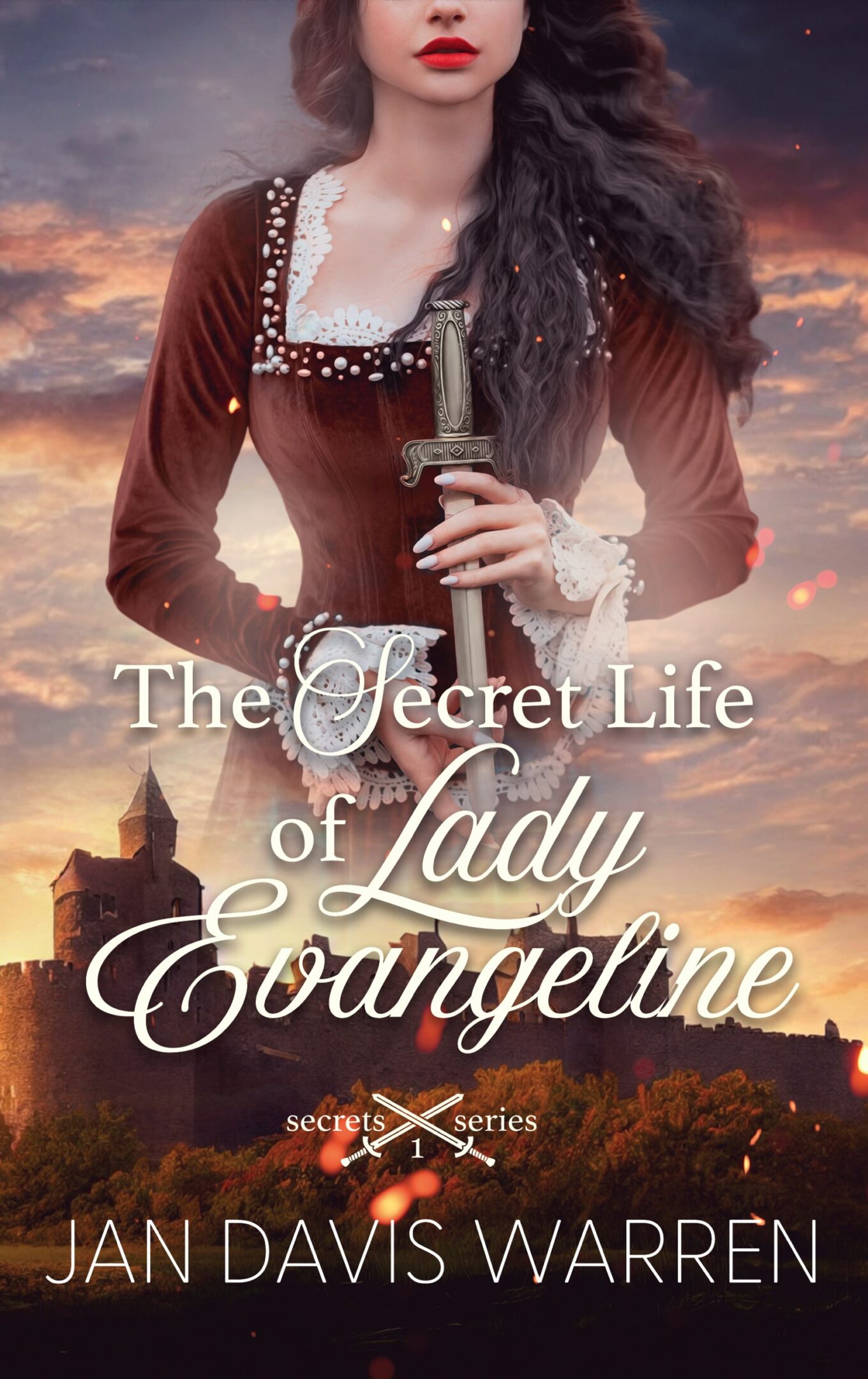 Book cover of 'The Secret Life of Lady Evangeline' featuring a woman in period dress at sunset.