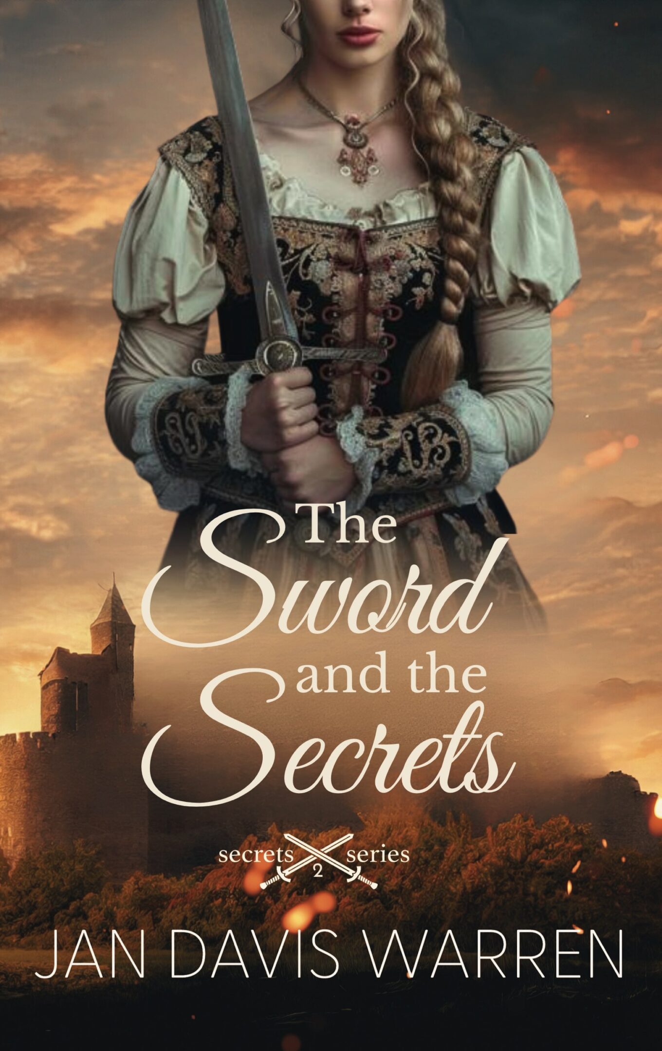 A medieval-themed book cover with a woman holding a sword.