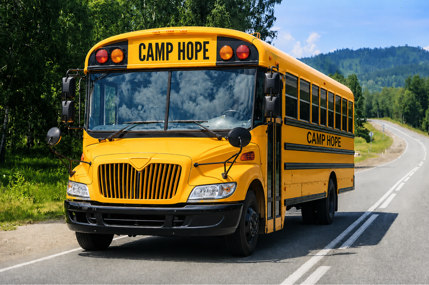 Yellow school bus labeled 'Camp Hope' parked on a road.